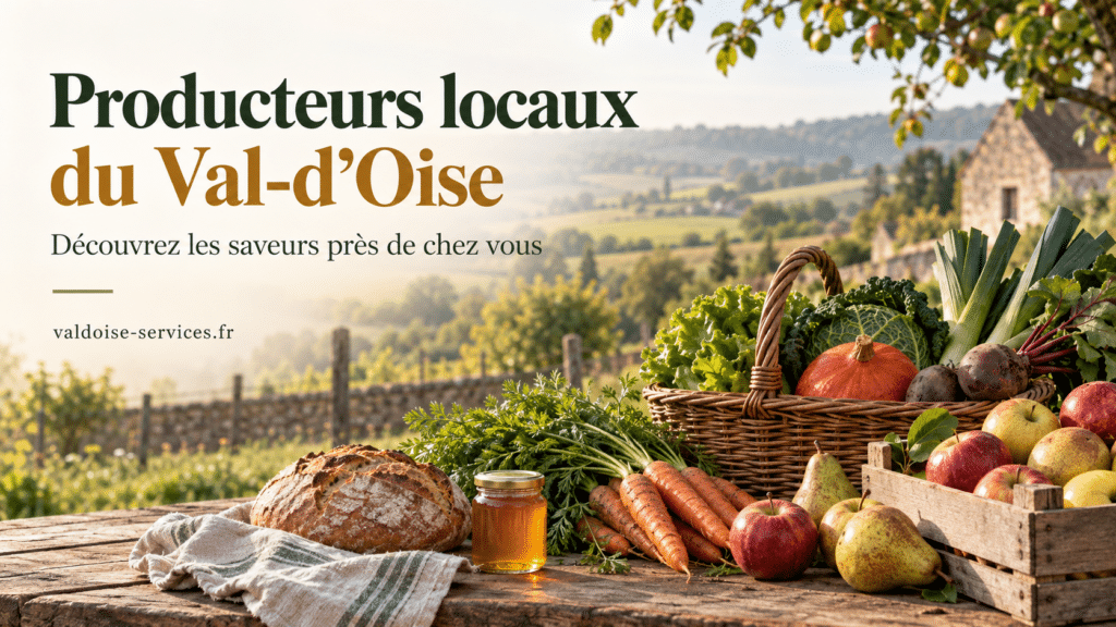Panier de légumes, pommes, poires, miel et pain sur une table en bois devant un paysage rural.